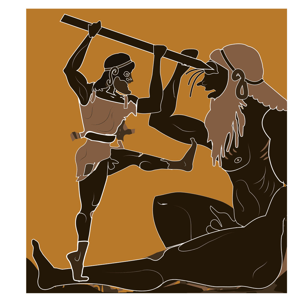 A black and gold image of a man poking out a giant's eye