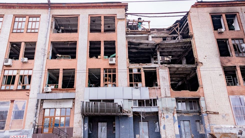 A bomb-damaged apartment building