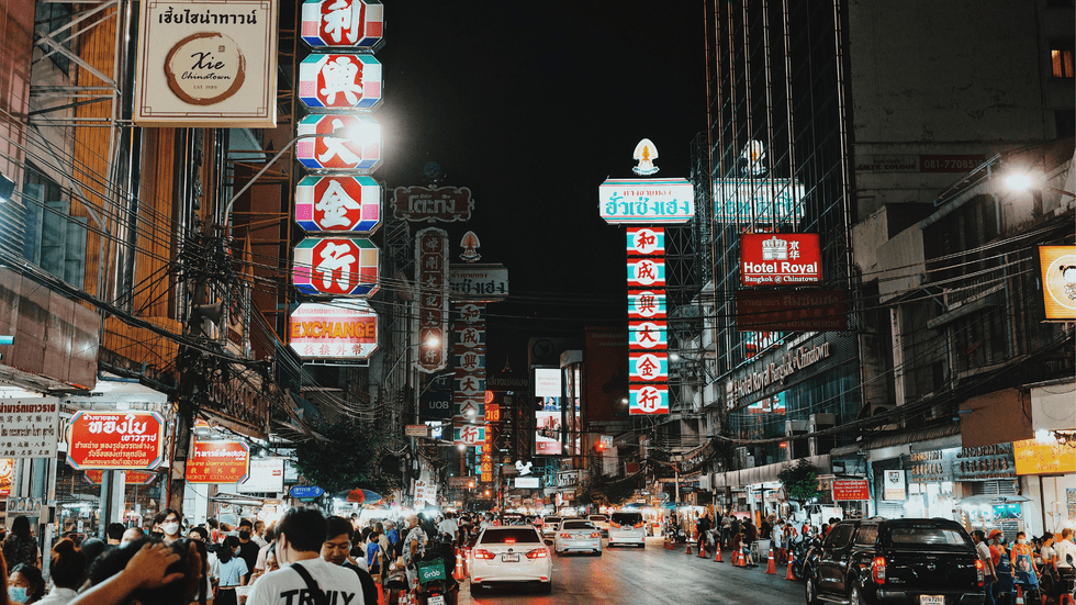 A brightly lit street in Bangkok