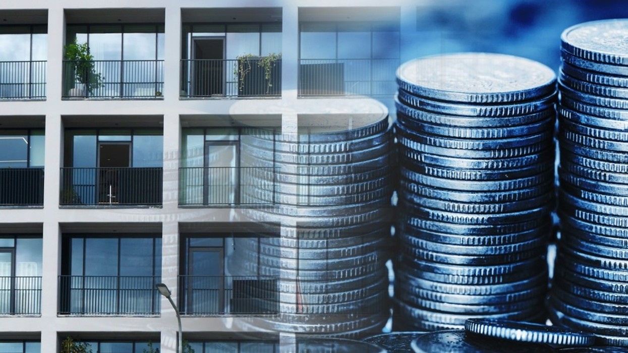 A composite image showing coins and apartment buildings