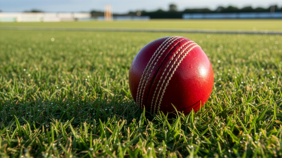 A cricket ball sitting in the grass