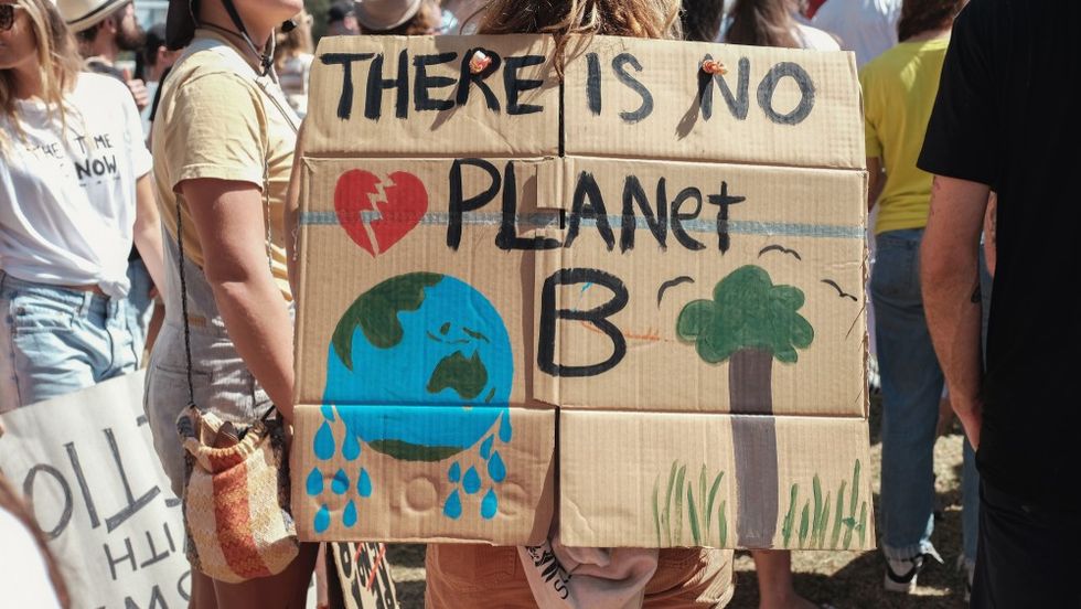 A crowd protestor holds a poster saying 'There is no Planet B'
