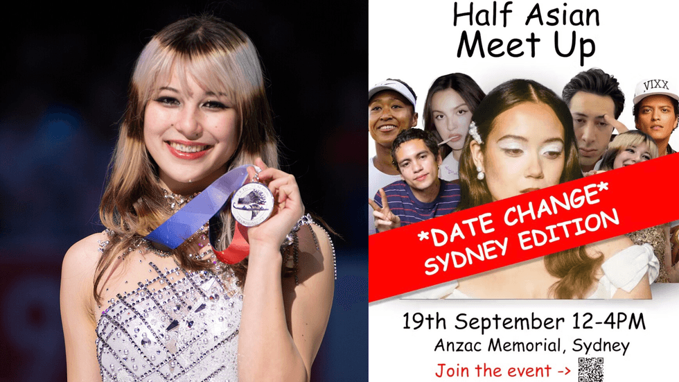 A double image featuring Alysa Liu with her medal and the poster for the meet up