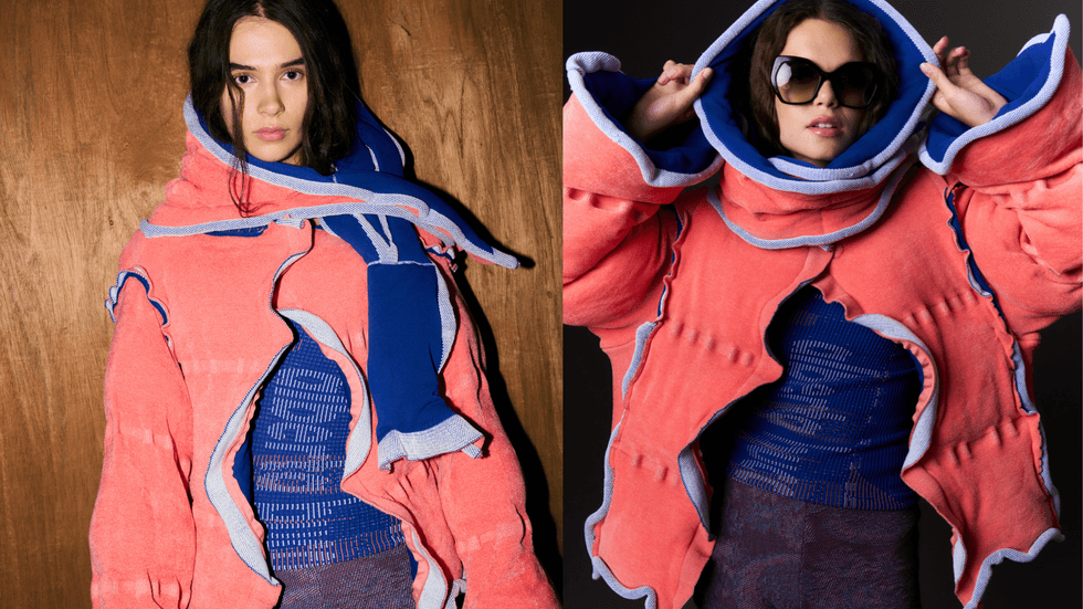 A double image of a bright orange puffer jacket over marine blue coloured clothes