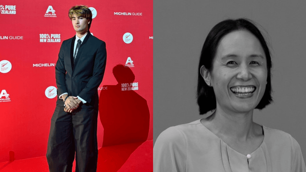 A double image of a man wearing a dark suit and a woman smiling at the camera