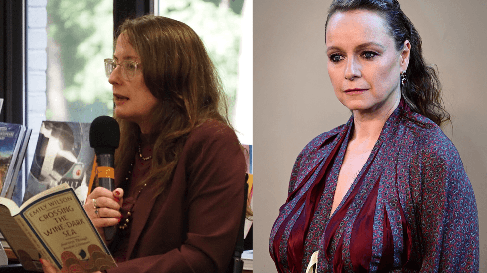 A double image of a woman wearing glasses reading a book and a woman wearing a purple dress