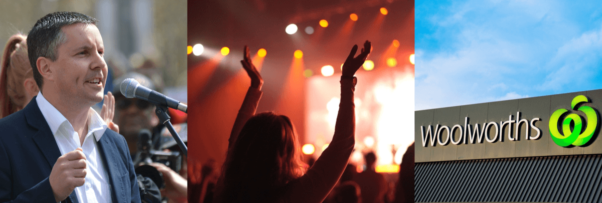 A man in a suit, a girl in the audience at a concert, the Woolworths banner 