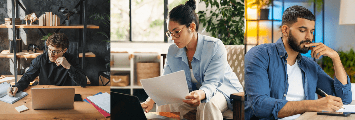 A man looking at a laptop, a woman looks at a calculator and a man does some calculations on paper 