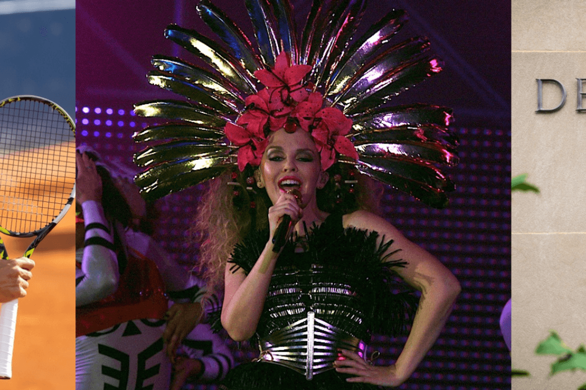 A man on the tennis court holding a racquet, a woman wearing an elaborate headdress singing, a sign on a wall saying Department of Justice