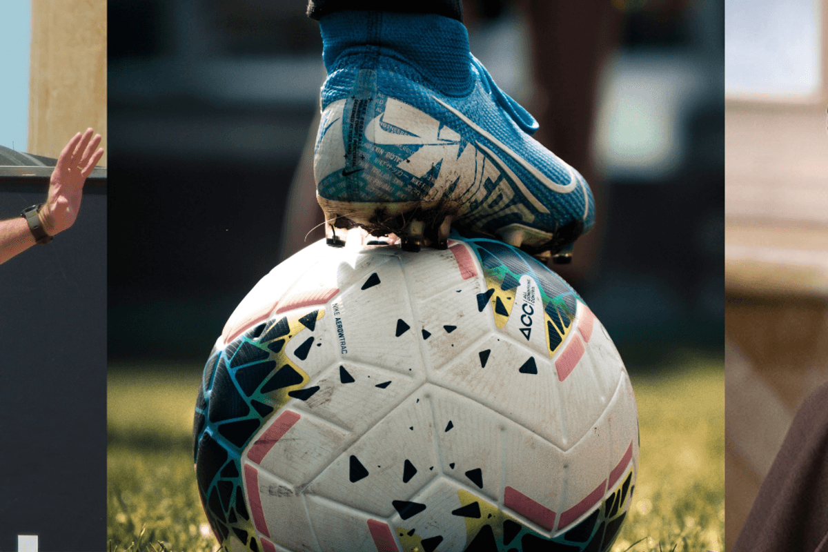 A man standing with a microphone, a foot on a football and a grey haired Iranian cleric