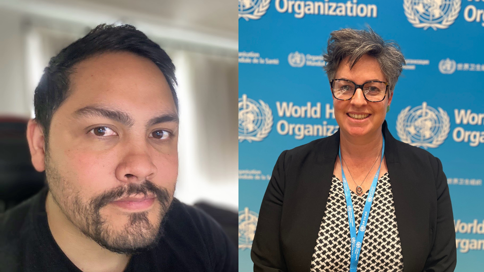 A man with a beard in one picture, a woman smiling at the camera against the background of the World Health Organisation