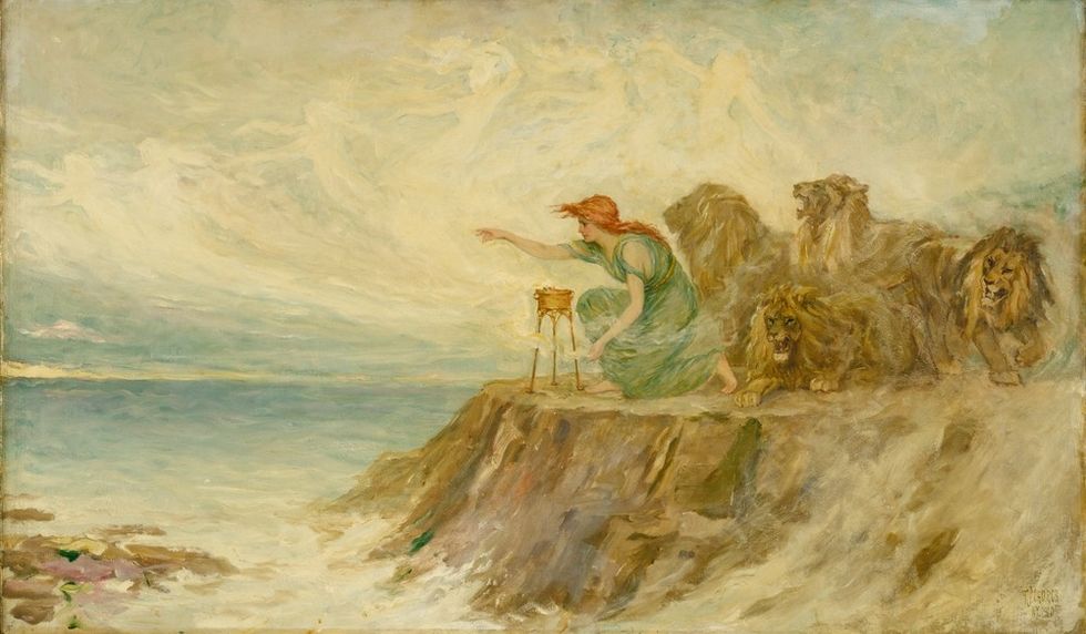 A painting of a red haired woman on a cliff