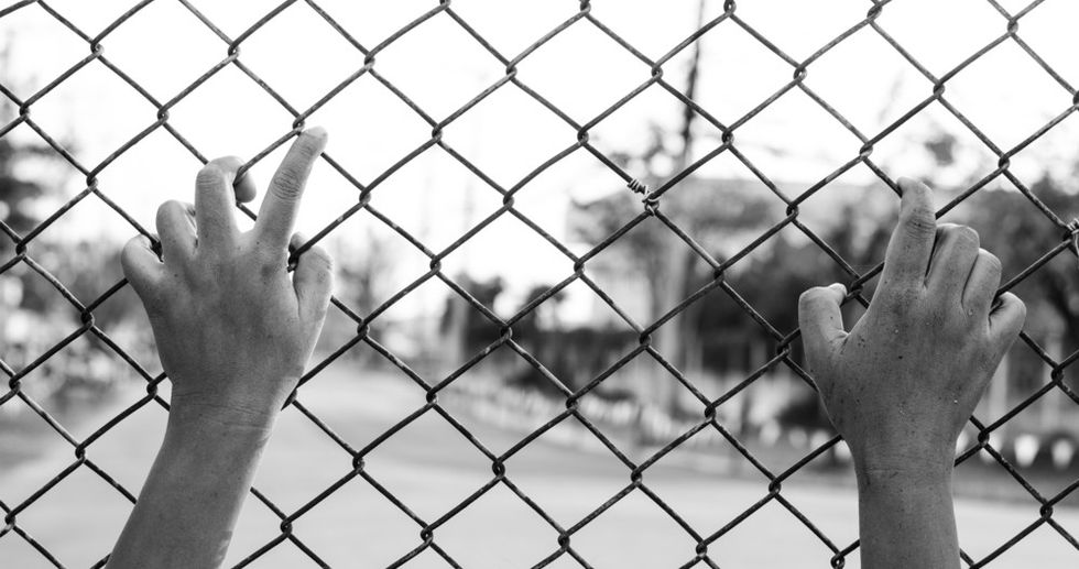 A pair of young hands against a fence