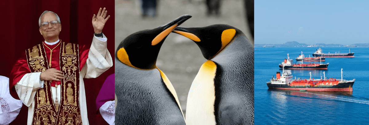 A pope, two penguins and ships filled with containers out at sea. 