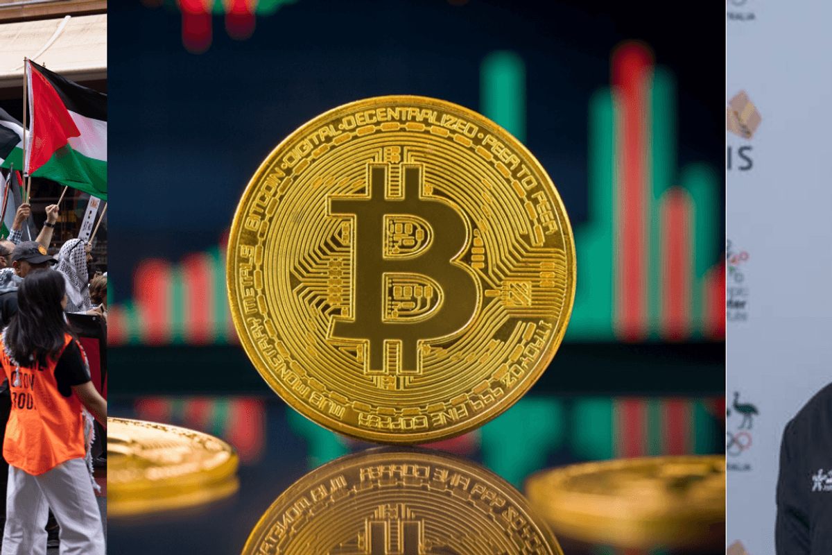 A protest march, a gold coin and a head shot of a woman with long dark hair