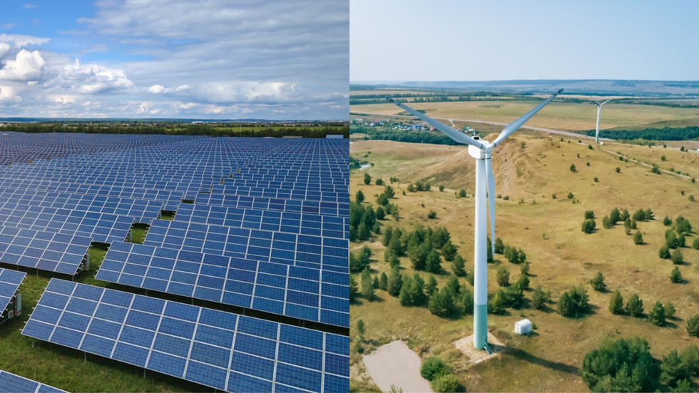A split panel shot showing solar panels and windturbines