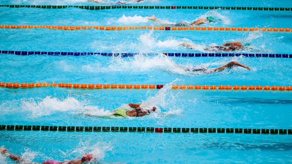 A swimming pool with competing swimmers