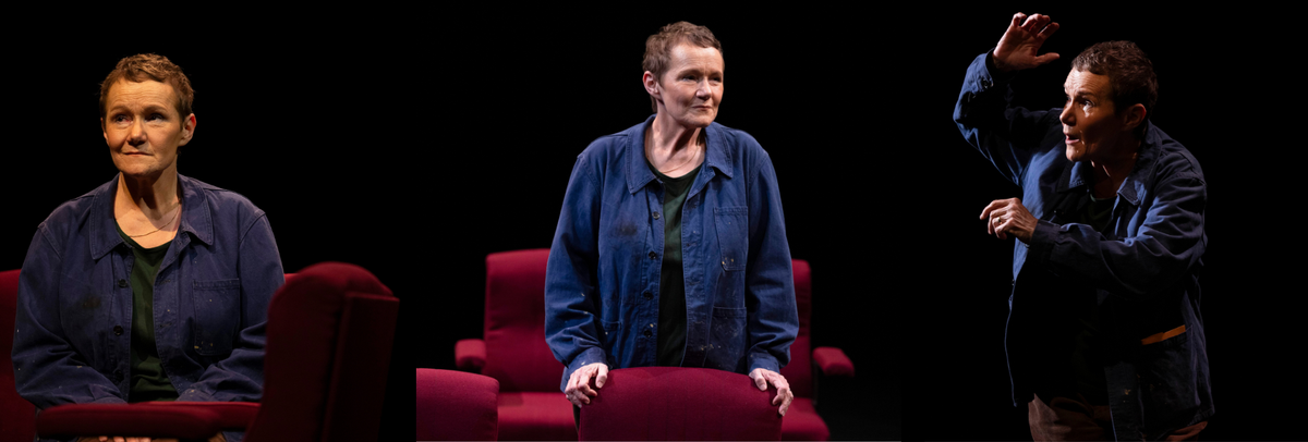 A three panel picture showing a woman wearing a blue overcoat in various poses