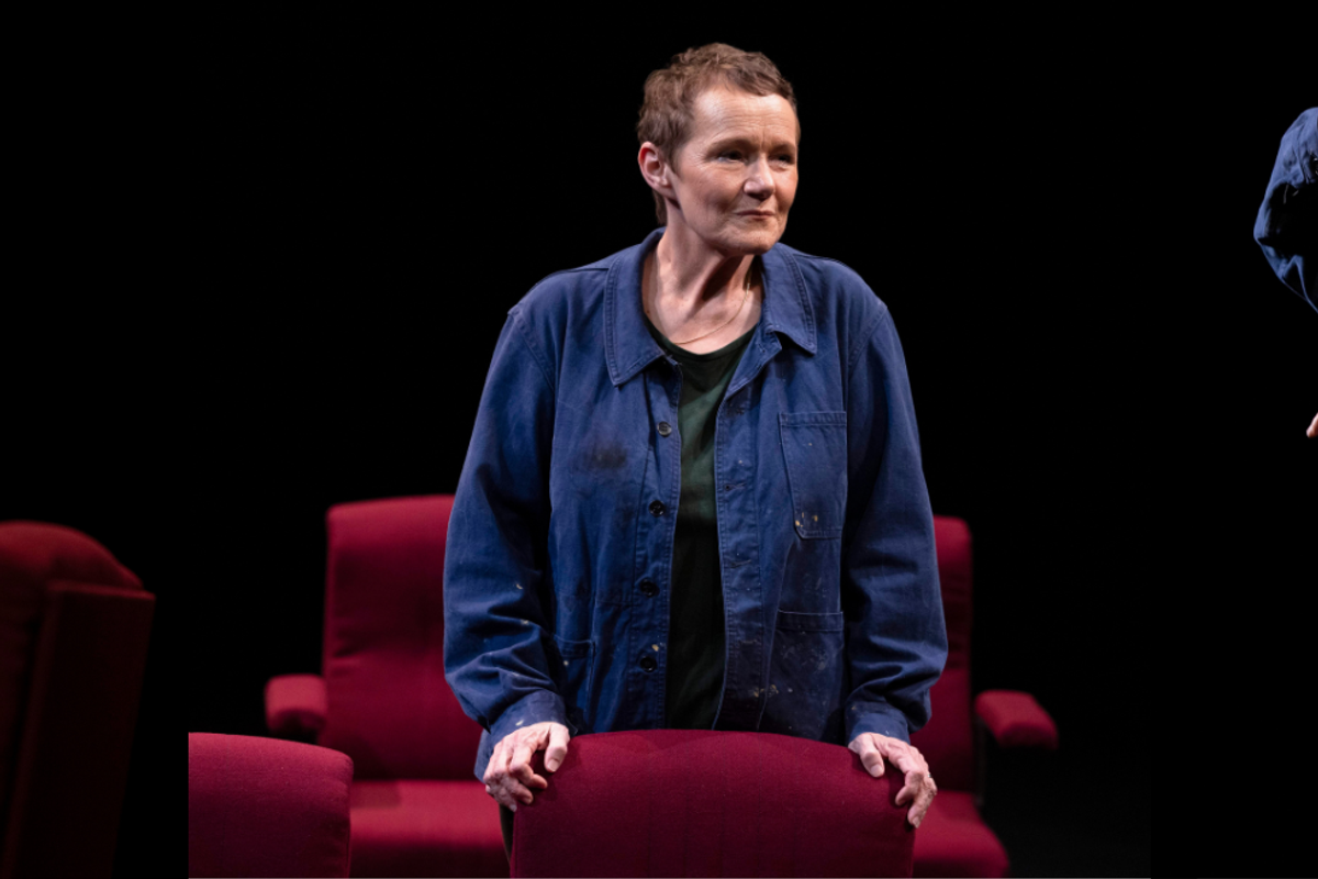 A three panel picture showing a woman wearing a blue overcoat in various poses