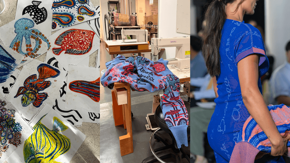 A triptych image featuring sketches, a sewing machine and clothes on a runway.