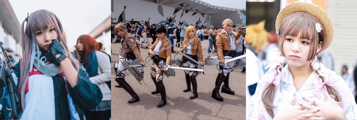 A triptych of people cos-playing as anime characters