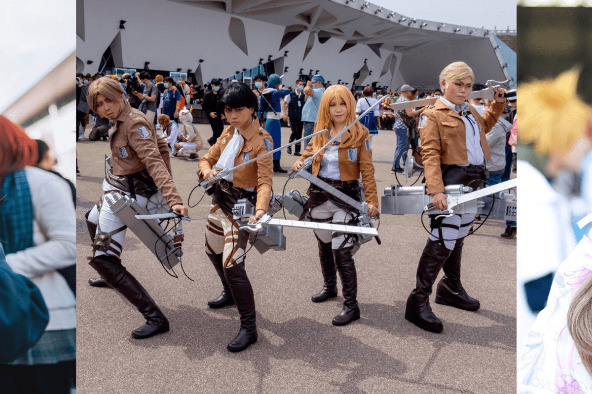 A triptych of people cos-playing as anime characters