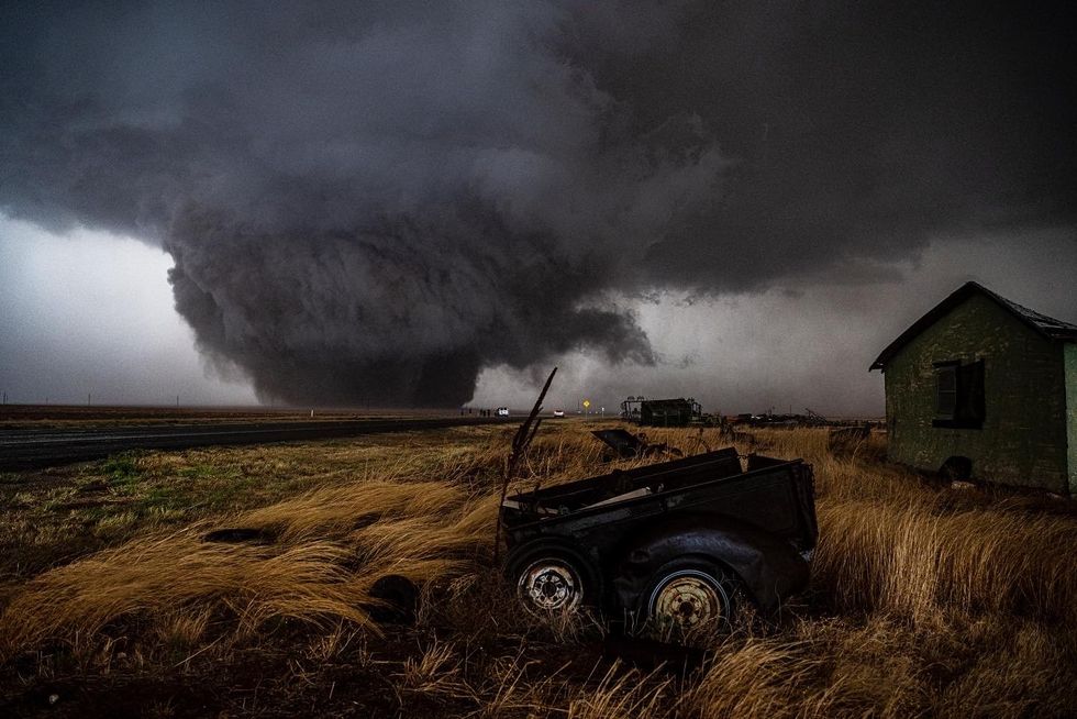 A wedge tornado storming across the Texas landscape.