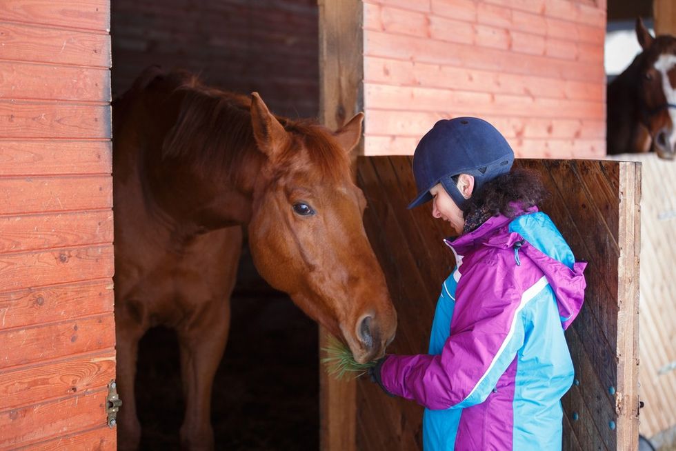 A woman wearing a horse racing helmet feeds a horse