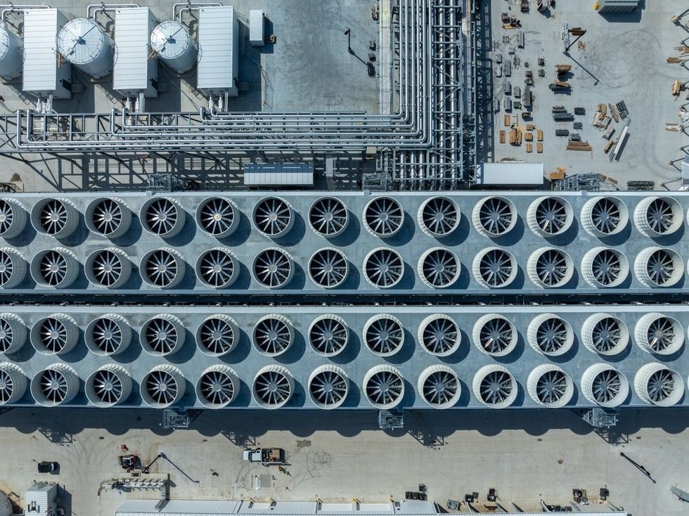 An aerial view of air conditioners of a data centre
