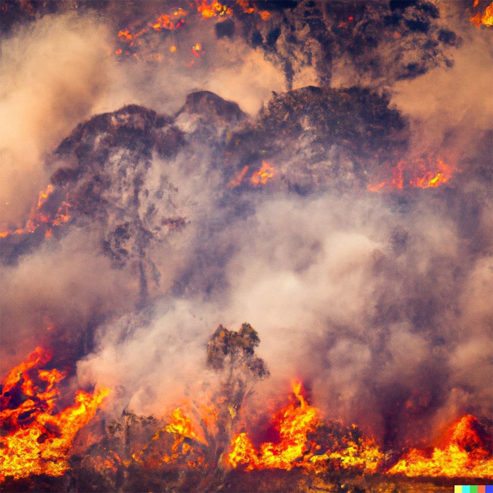 An AI-generated image of a bush fire burning in the Australian bush.