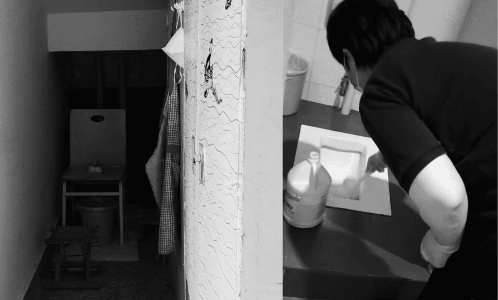 An image of a dark space with a chair, alongside a black and white image of a worker cleaning the toilet