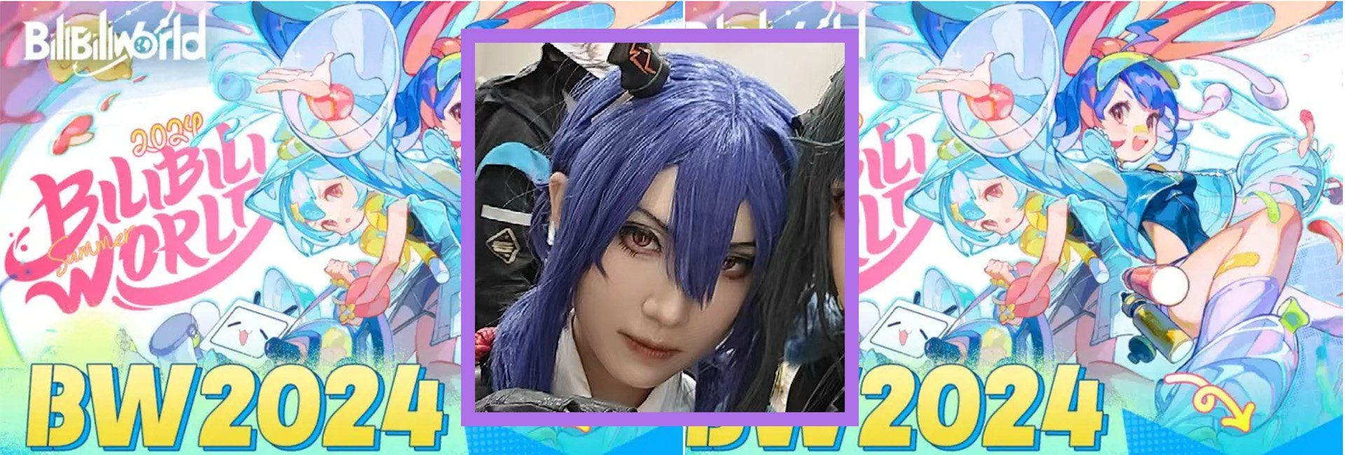 An inset of a young purple-haired Asian woman dressed in anime cosplay, set against a colourful animated anime expo poster background