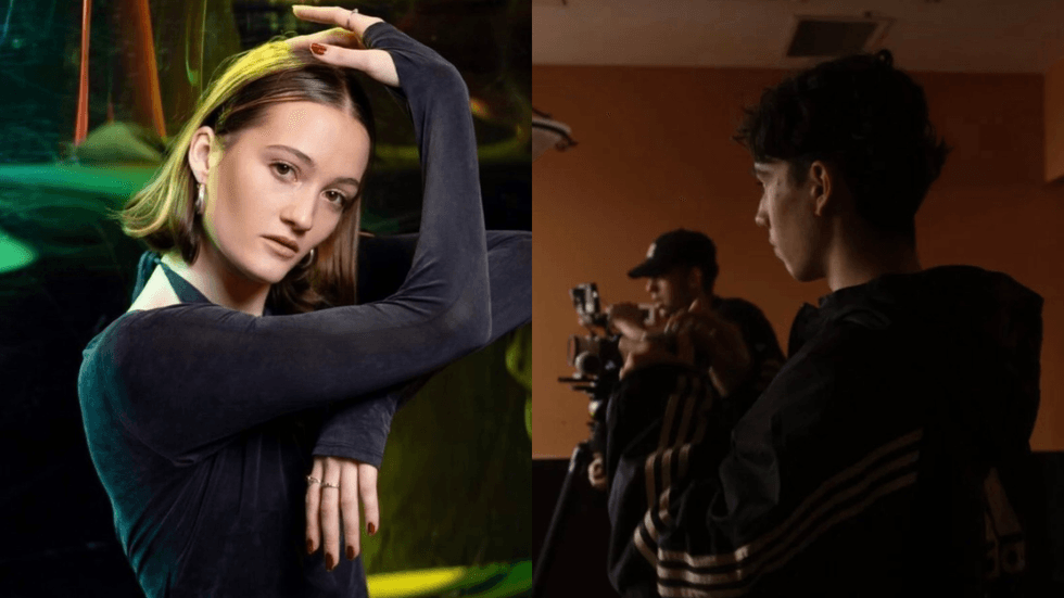 Double image of a female dancer and a male shooting a film