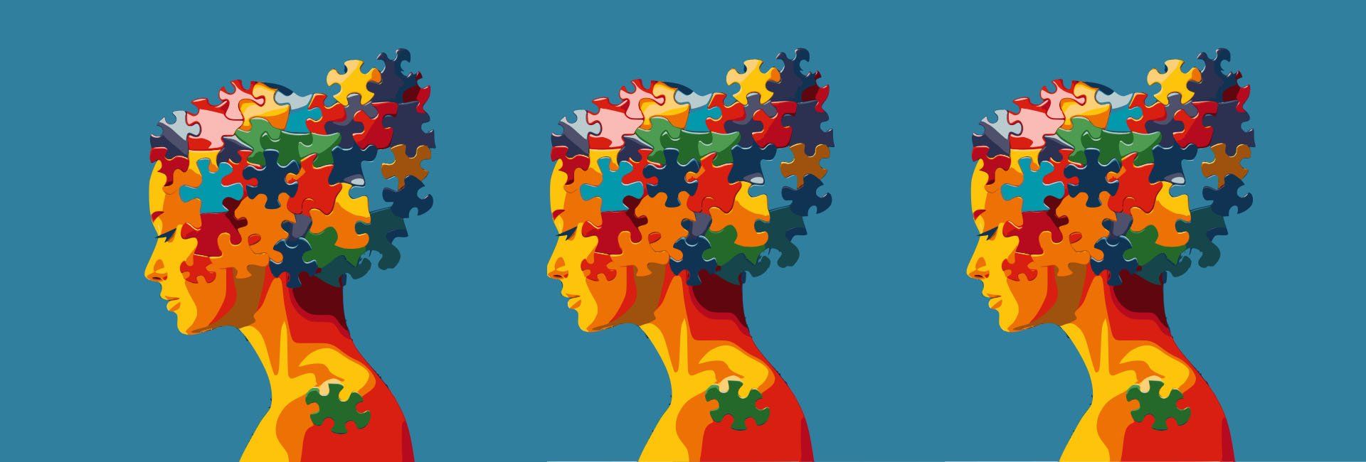 Illustration of a brightly coloured young woman in profile with hair comprised of pieces of a jigsaw puzzle.
