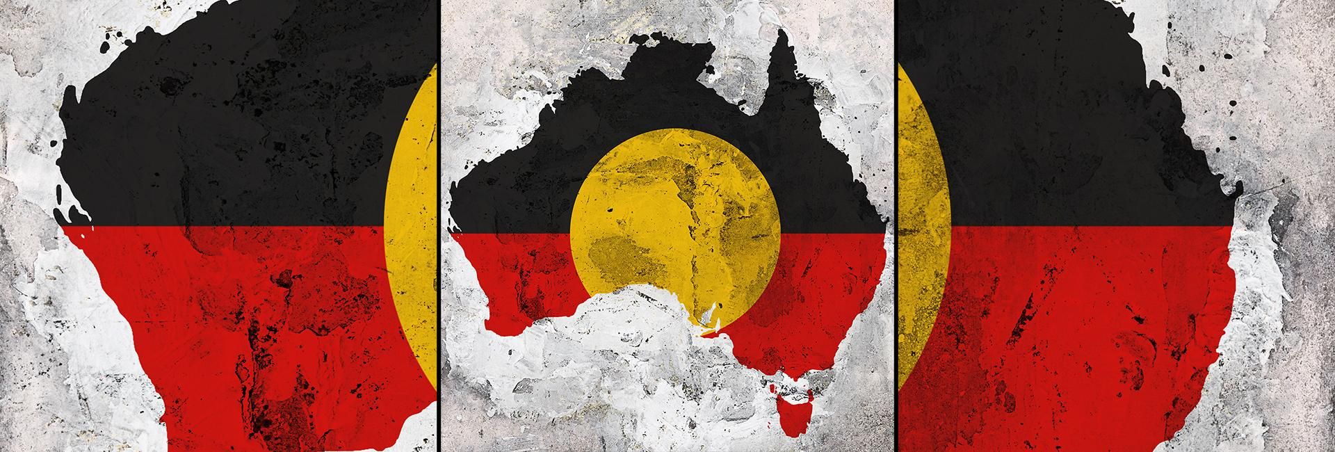 Illustration of a map of Australia drawn in the Aboriginal flag.
