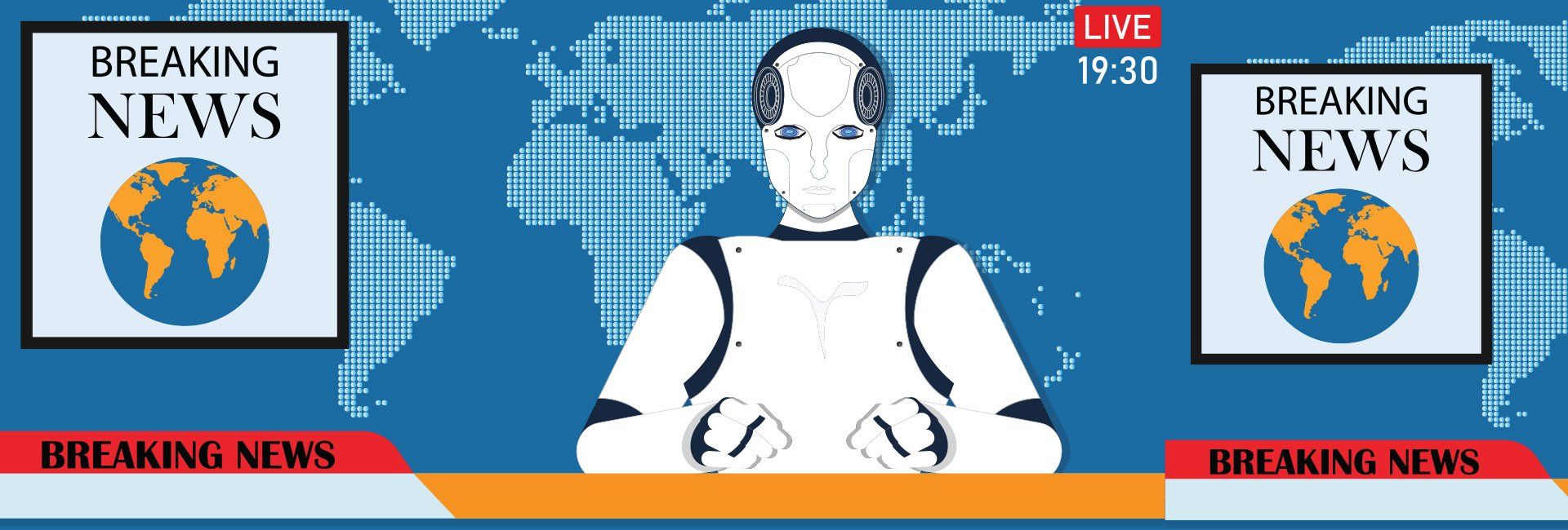 Illustration of a robot-android reading the television news with a map of the world on the screen behind it.
