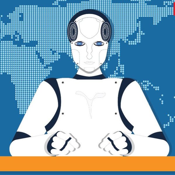 Illustration of a robot-android reading the television news with a map of the world on the screen behind it.