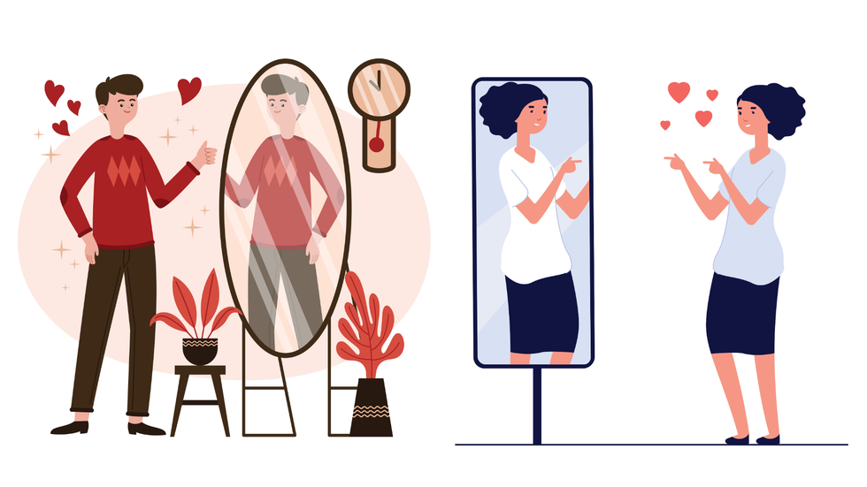 Illustration showing a male looking at himself in the mirror, next to an illustration of a woman looking at herself in the mirror.