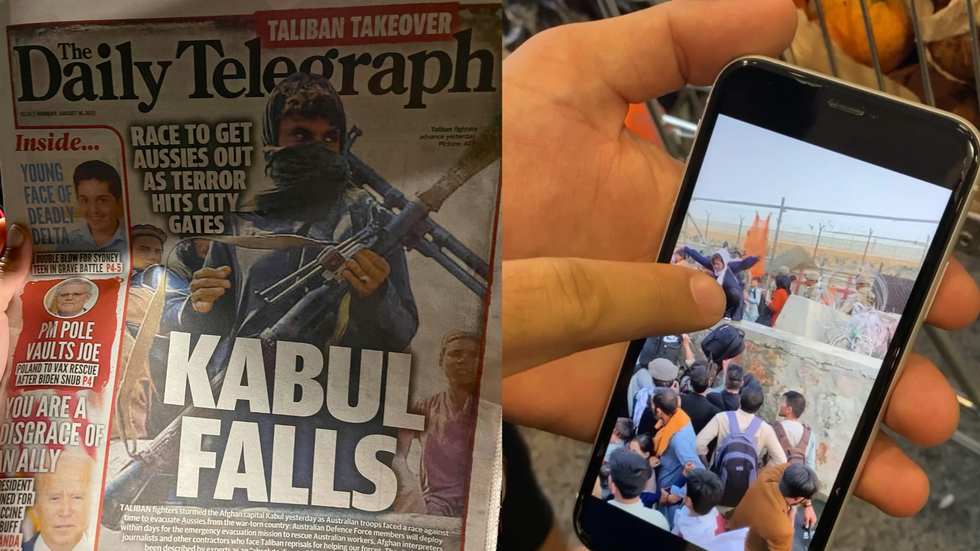 Image of a newspaper front page and an image of a phone screen.