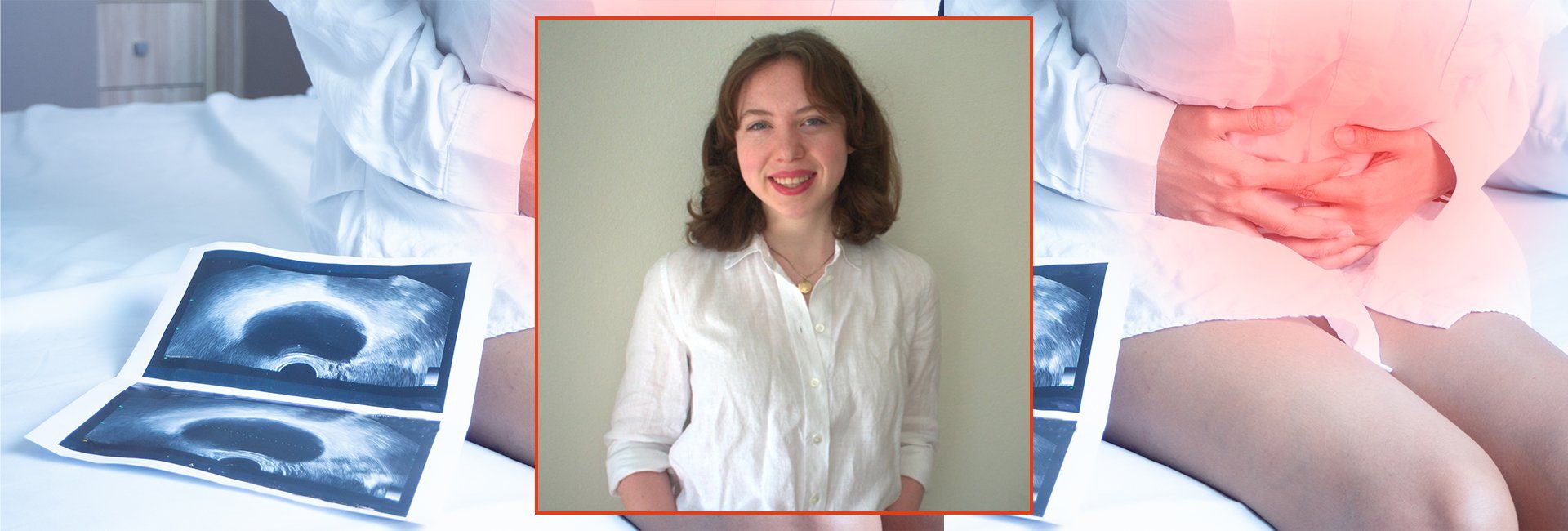 Image of young woman inset in a larger photo of a woman's torso, clutched in pain, with a pelvic scan beside them on the bed.