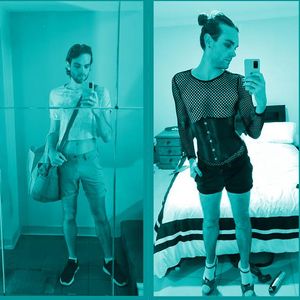 Selfie images of Kyle Dean dressed in a crop top and in  a fishnet top.