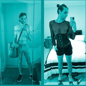 Selfie images of Kyle Dean dressed in a crop top and in a fishnet top.