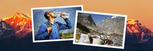 Image of Himalayan range lit with the sun's first rays. First inset shows a trekker drinking from a plastic water bottle, second inset shows litter in the Himalayas. 