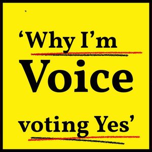 Red and yellow colour blocks superimposed with text Indigenous Voice and Why I'm voting yes