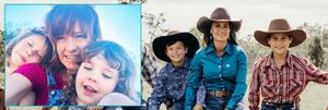 Two images side by side of mother and her two toddler daughters hugging and image of mother and pre-teen sons sitting on a stockyard rail in jeans and stockman hats.