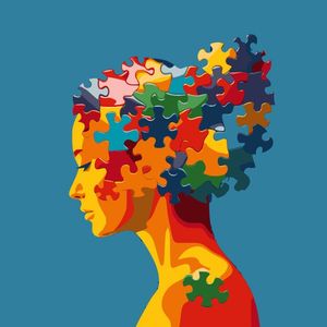 Illustration of a brightly coloured young woman in profile with hair comprised of pieces of a jigsaw puzzle.