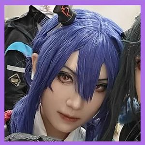 An inset of a young purple-haired Asian woman dressed in anime cosplay, set against a colourful animated anime expo poster background