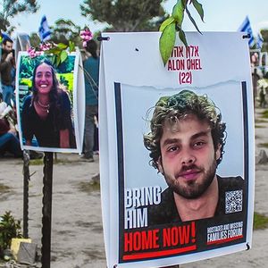 Side by side images, on the left a memorial field of posters with the faces of Israelis killed on October 7 and on the right a group of young Palestinian children in Gaza holding out empty plastic bowls.