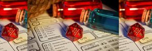 A multi-sided red die sits upon a character sheet for a Dungeons and Dragons game. Two bottles sit behind the die, one with blue liquid, the other with red.