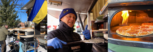 A triptych of pictures - a man looking at pizza ovens, another wearing gloves pulls a pizza paddle out of the oven, a pizza bakes in the oven.